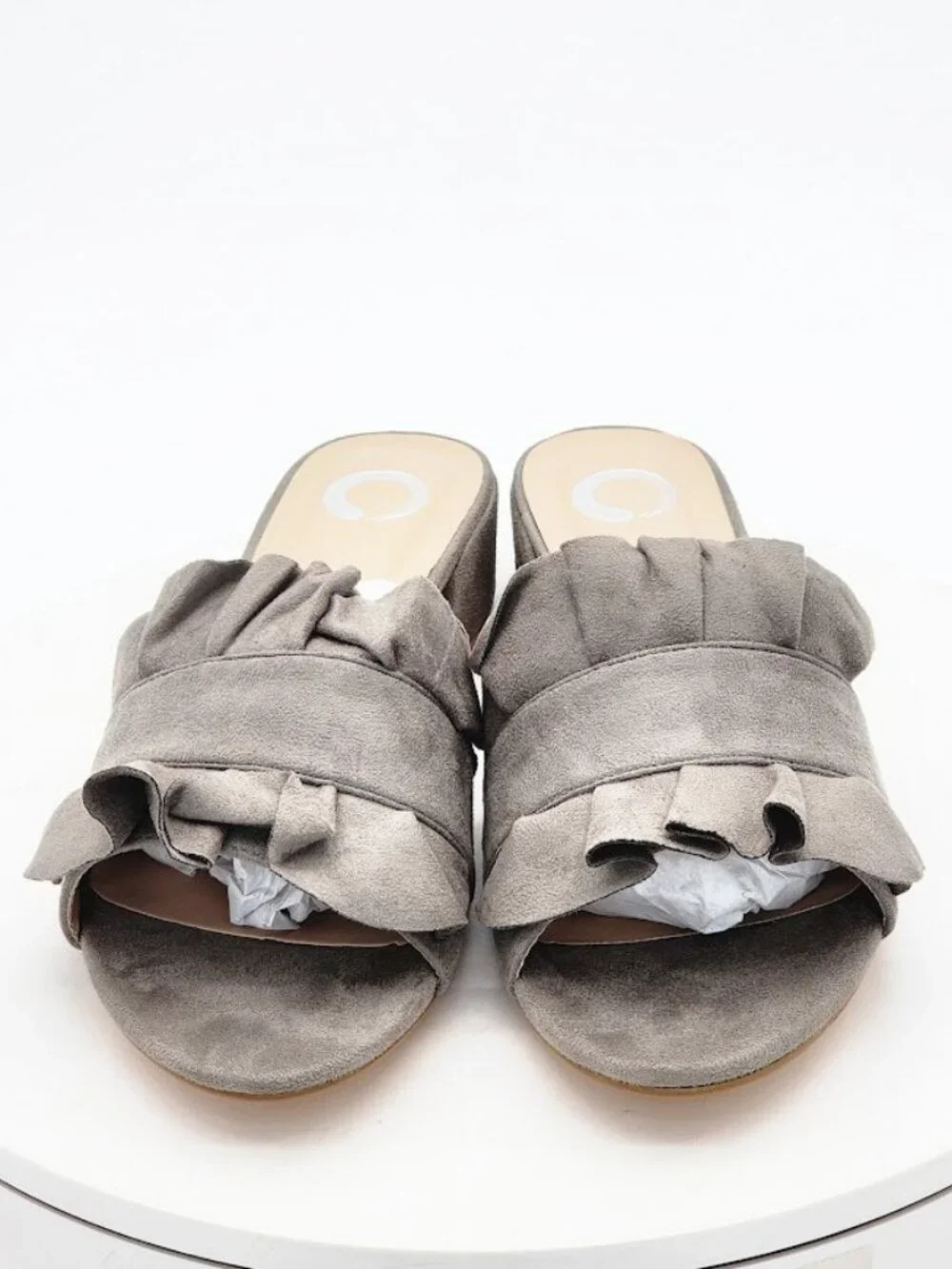 Journee Collection Sabica Gray Ruffle Slide Sandals Block Heel Women's Size 7.5